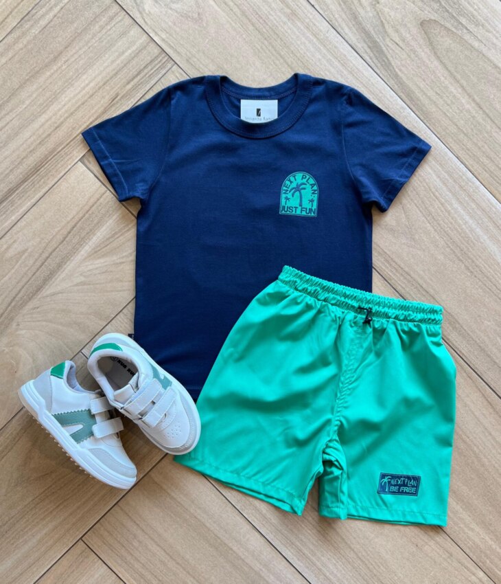 Conjunto Infantil Masculino Camiseta Just Fun e Bermuda Verde Fernanda Ramos Kids