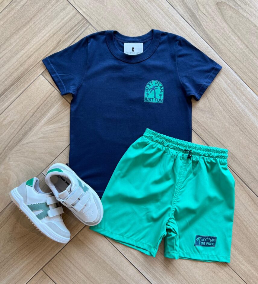 Conjunto Infantil Masculino Camiseta Just Fun e Bermuda Verde Fernanda Ramos Kids