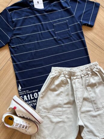 fernandaramoskids com br Conjunto Infantil Masculino Camiseta Listrada e Bermuda Bege1