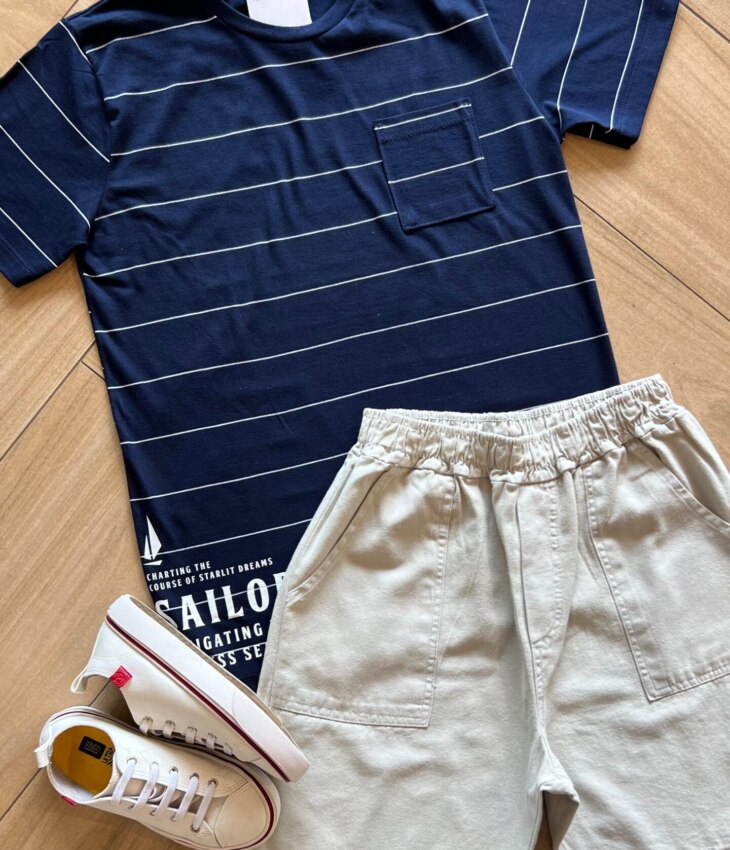 fernandaramoskids com br Conjunto Infantil Masculino Camiseta Listrada e Bermuda Bege1