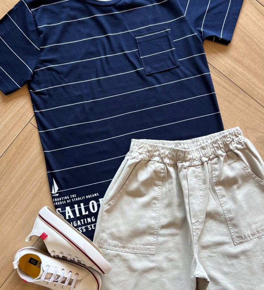 fernandaramoskids com br Conjunto Infantil Masculino Camiseta Listrada e Bermuda Bege1