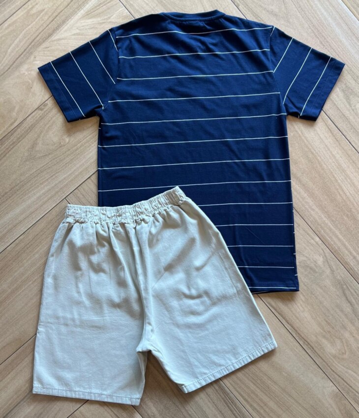 fernandaramoskids com br Conjunto Infantil Masculino Camiseta Listrada e Bermuda Bege2