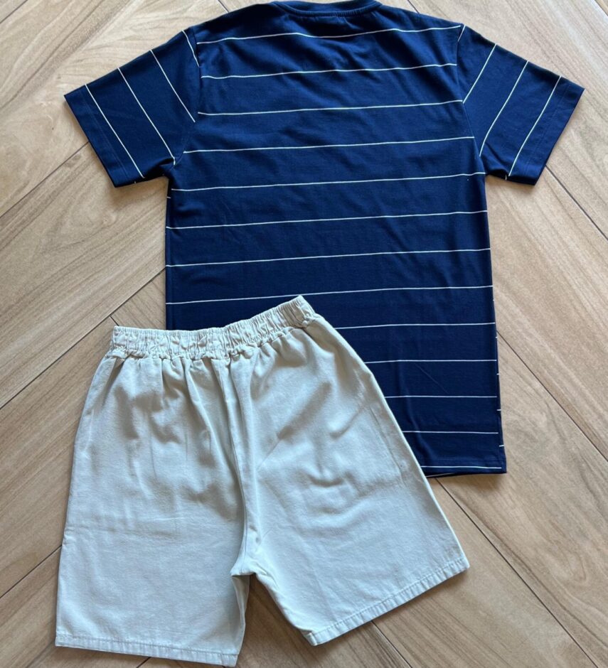 fernandaramoskids com br Conjunto Infantil Masculino Camiseta Listrada e Bermuda Bege2