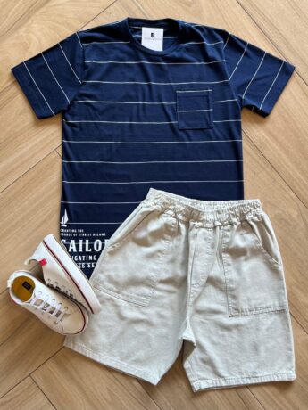 Conjunto Infantil Masculino Camiseta Listrada e Bermuda Bege Fernanda Ramos Kids