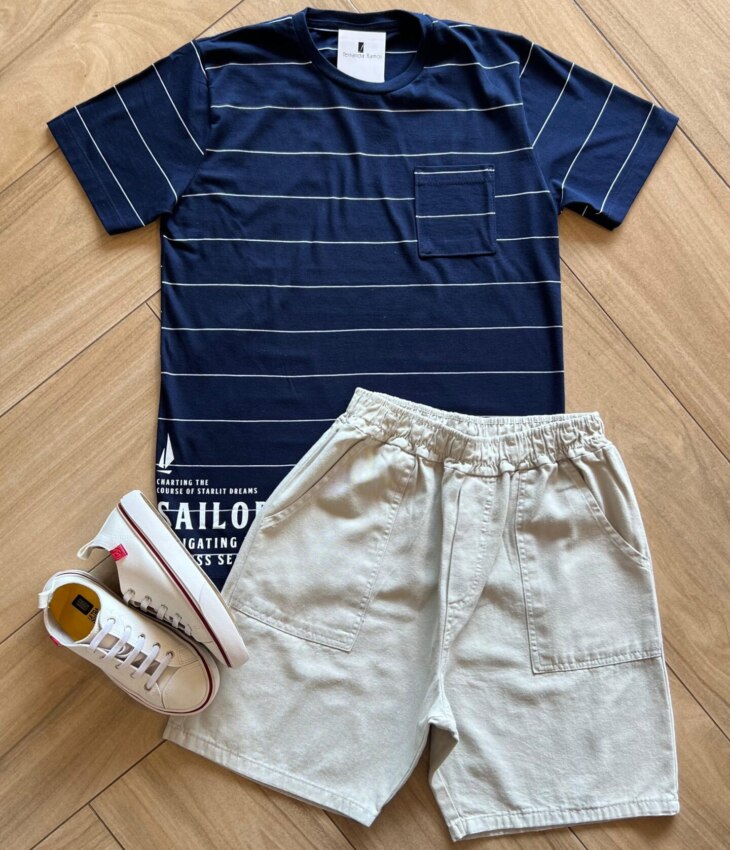 Conjunto Infantil Masculino Camiseta Listrada e Bermuda Bege Fernanda Ramos Kids