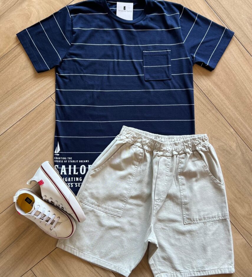 Conjunto Infantil Masculino Camiseta Listrada e Bermuda Bege Fernanda Ramos Kids