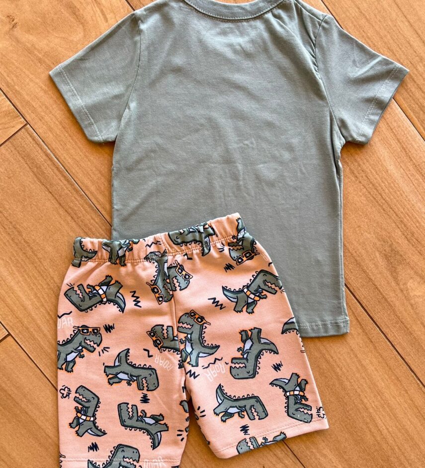 Conjunto Infantil Masculino Camiseta Roarrr e Bermuda Estampada Fernanda Ramos Kids