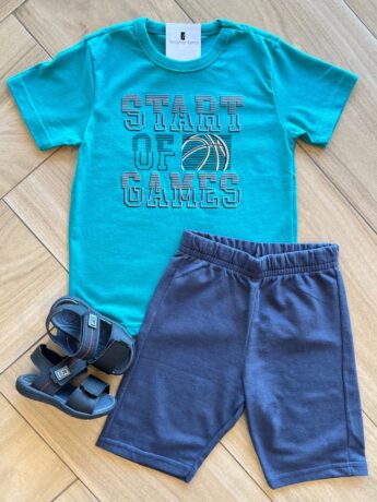 Conjunto Infantil Masculino Camiseta Start of Games e Bermuda Azul Fernanda Ramos Kids