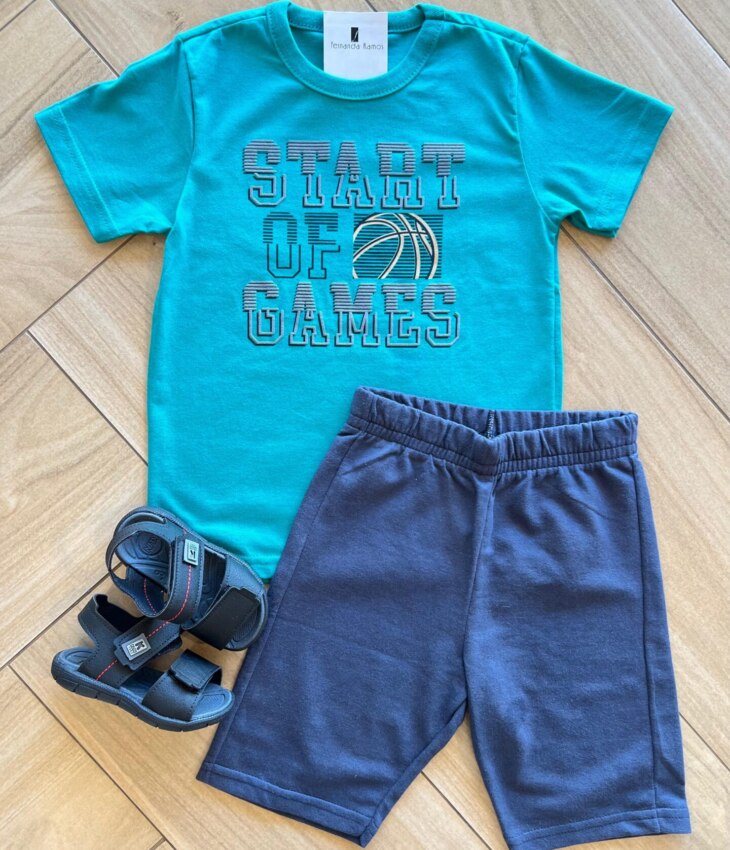 Conjunto Infantil Masculino Camiseta Start of Games e Bermuda Azul Fernanda Ramos Kids