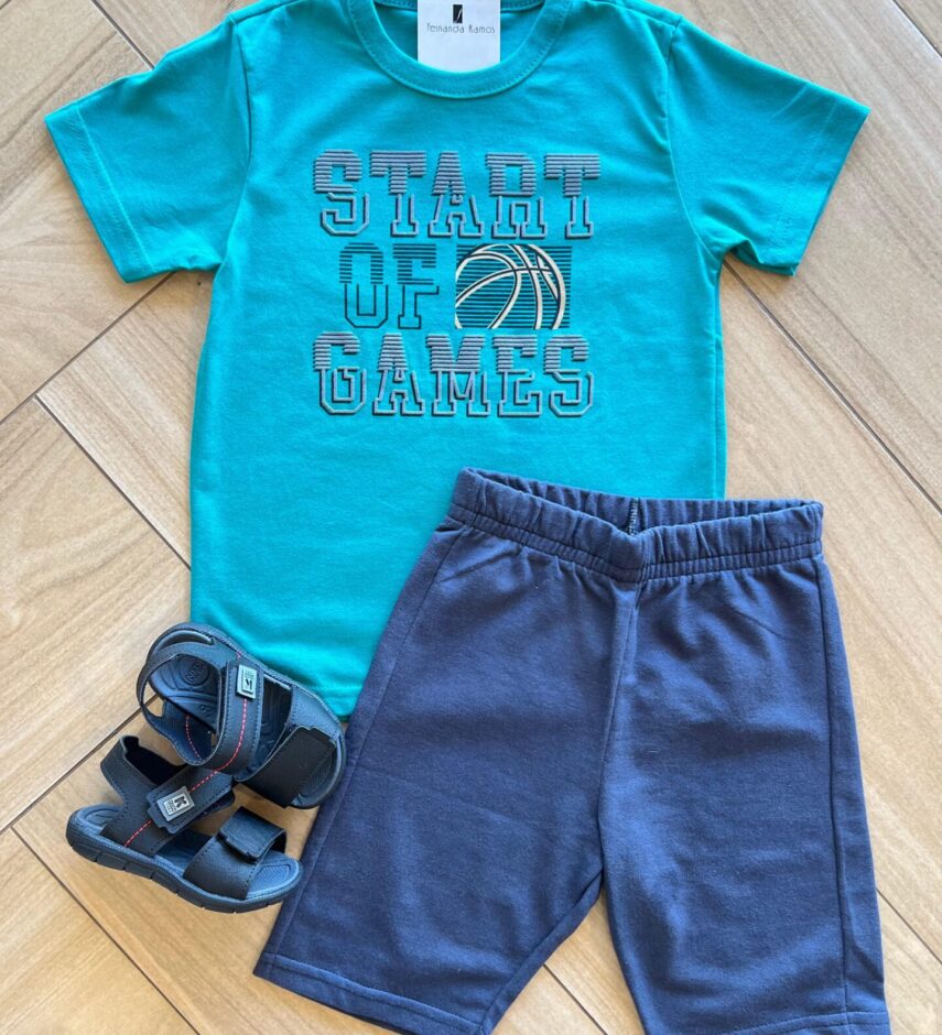 Conjunto Infantil Masculino Camiseta Start of Games e Bermuda Azul Fernanda Ramos Kids