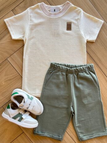 Conjunto Infantil Masculino Camiseta Texturizada e Bermuda Verde Fernanda Ramos Kids