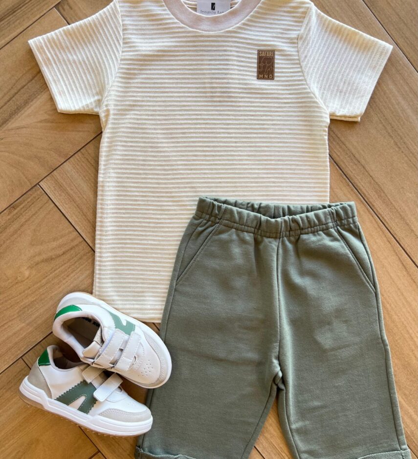 Conjunto Infantil Masculino Camiseta Texturizada e Bermuda Verde Fernanda Ramos Kids