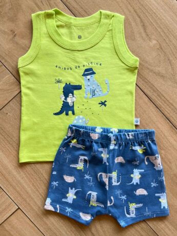 Conjunto Infantil Masculino Regata Amigos da Piscina e Bermuda Azul Fernanda Ramos Kids