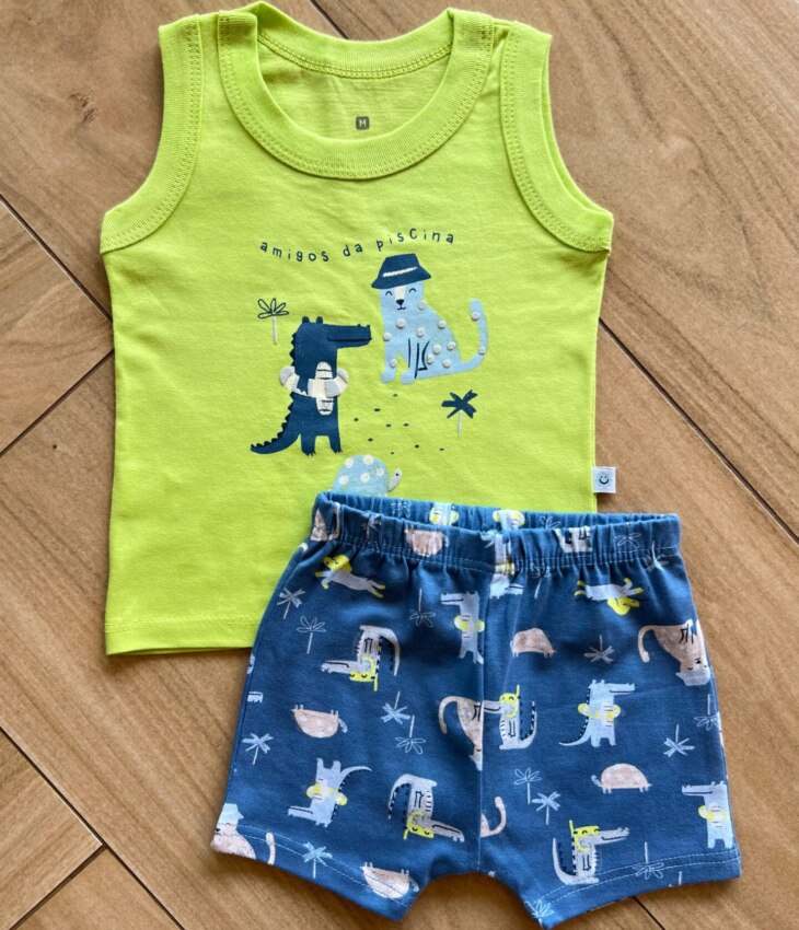 Conjunto Infantil Masculino Regata Amigos da Piscina e Bermuda Azul Fernanda Ramos Kids