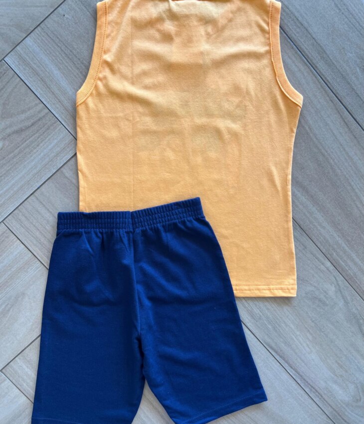 fernandaramoskids com br Conjunto Infantil Masculino Regata e Laranja Bermuda Azul Marinho 1