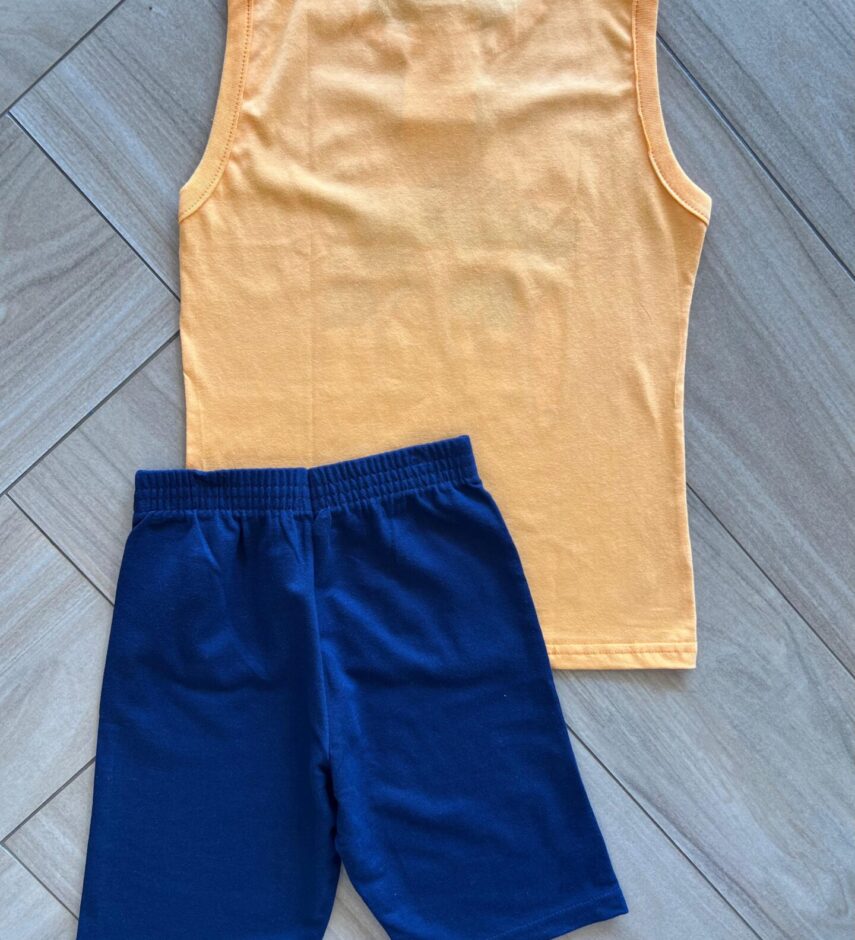 fernandaramoskids com br Conjunto Infantil Masculino Regata e Laranja Bermuda Azul Marinho 1