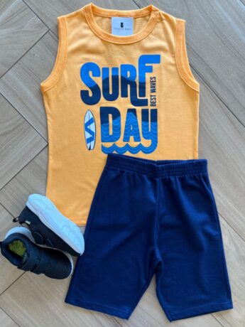 Conjunto Infantil Masculino Regata e Laranja Bermuda Azul Marinho Fernanda Ramos Kids