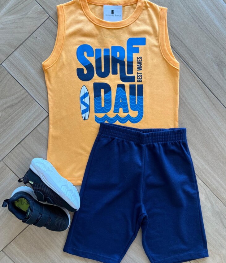 Conjunto Infantil Masculino Regata e Laranja Bermuda Azul Marinho Fernanda Ramos Kids
