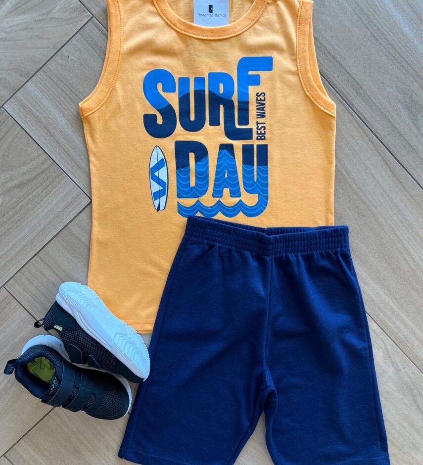 Conjunto Infantil Masculino Regata e Laranja Bermuda Azul Marinho Fernanda Ramos Kids