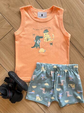 Conjunto Infantil Masculino Regata e Laranja Bermuda Estampada Fernanda Ramos Kids