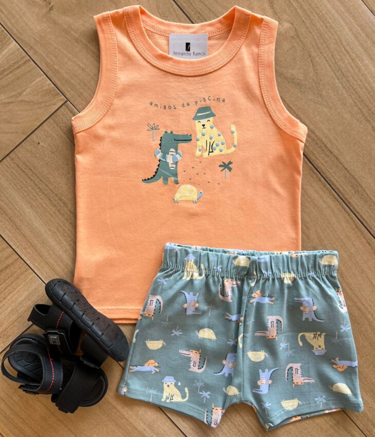 Conjunto Infantil Masculino Regata e Laranja Bermuda Estampada Fernanda Ramos Kids
