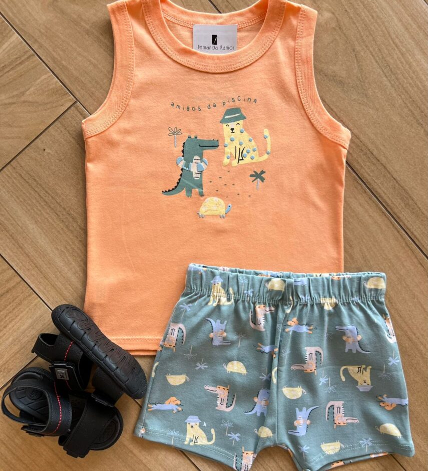 Conjunto Infantil Masculino Regata e Laranja Bermuda Estampada Fernanda Ramos Kids
