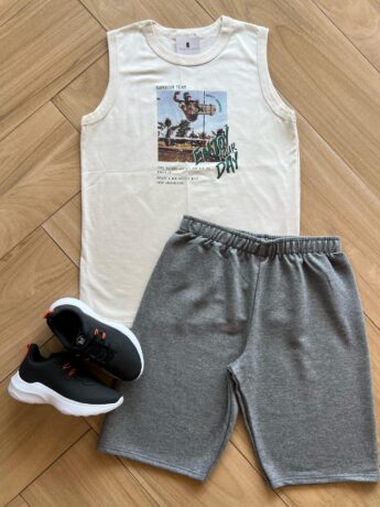 Conjunto Infantil Masculino Regata Enjoy e Bermuda Cinza Fernanda Ramos Kids