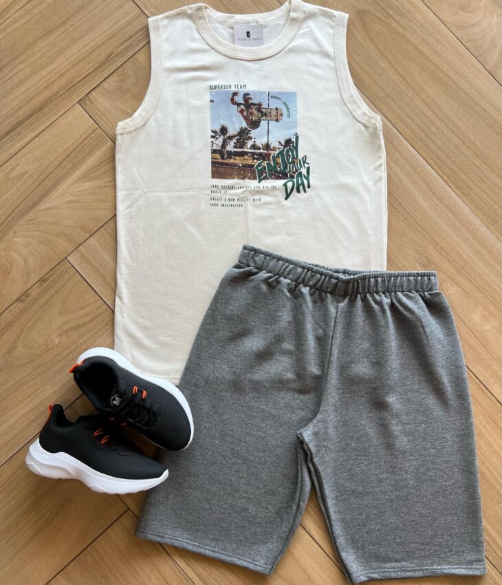 Conjunto Infantil Masculino Regata Enjoy e Bermuda Cinza Fernanda Ramos Kids