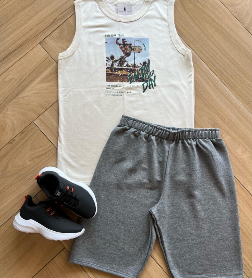 Conjunto Infantil Masculino Regata Enjoy e Bermuda Cinza Fernanda Ramos Kids