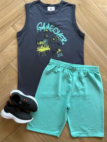 Conjunto Infantil Masculino Regata Game e Bermuda Azul Fernanda Ramos Kids