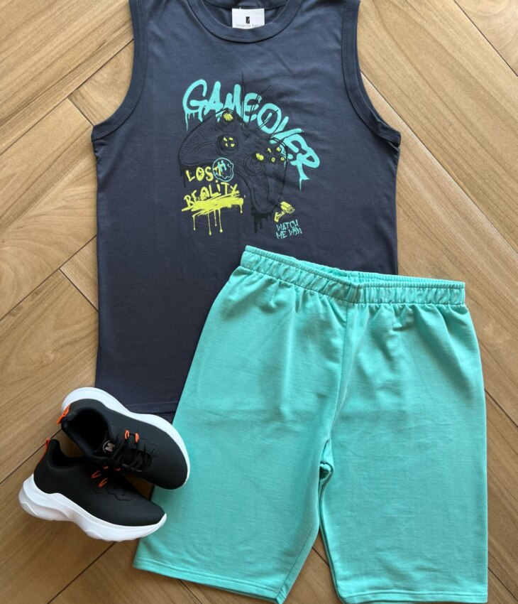Conjunto Infantil Masculino Regata Game e Bermuda Azul Fernanda Ramos Kids
