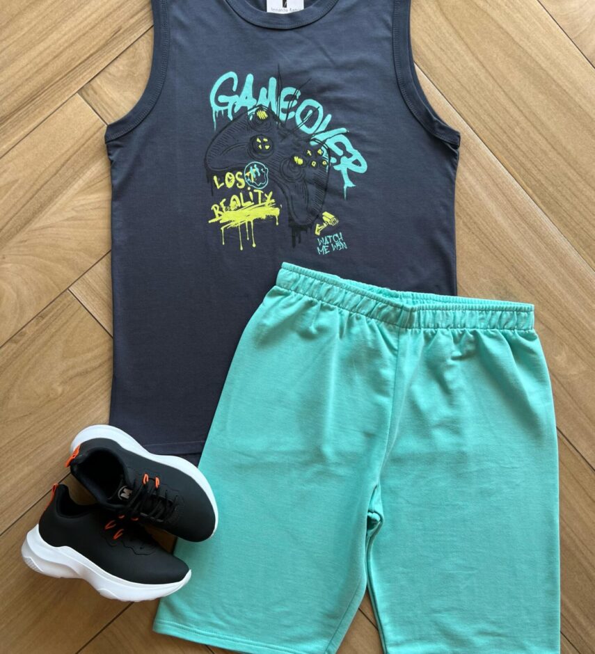 Conjunto Infantil Masculino Regata Game e Bermuda Azul Fernanda Ramos Kids
