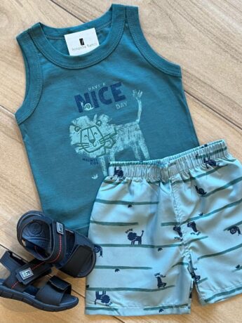 fernandaramoskids com br Conjunto Infantil Masculino Regata Have Nice e Bermuda Verde1