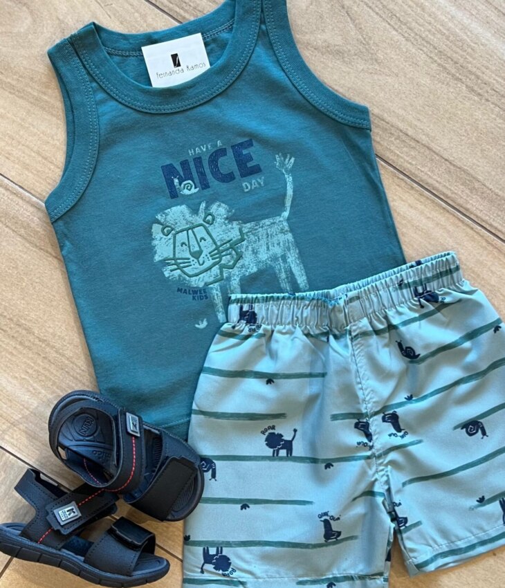 fernandaramoskids com br Conjunto Infantil Masculino Regata Have Nice e Bermuda Verde1