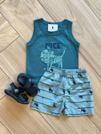 Conjunto Infantil Masculino Regata Have Nice e Bermuda Verde Fernanda Ramos Kids