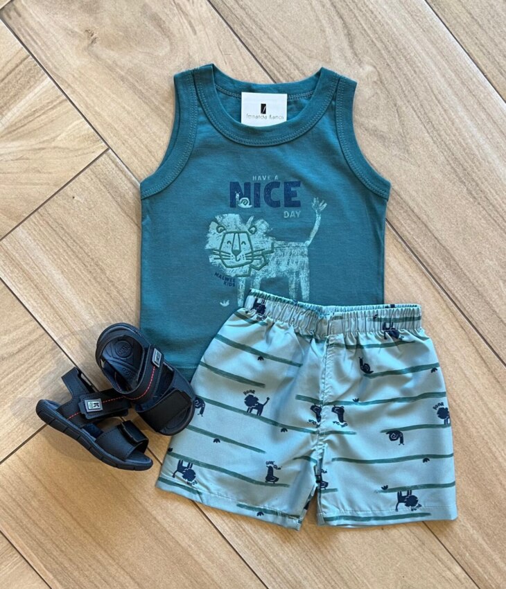 Conjunto Infantil Masculino Regata Have Nice e Bermuda Verde Fernanda Ramos Kids