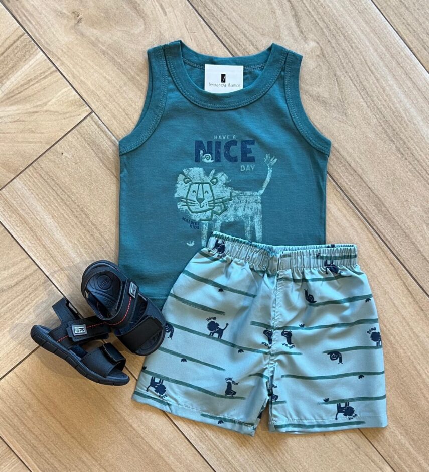 Conjunto Infantil Masculino Regata Have Nice e Bermuda Verde Fernanda Ramos Kids