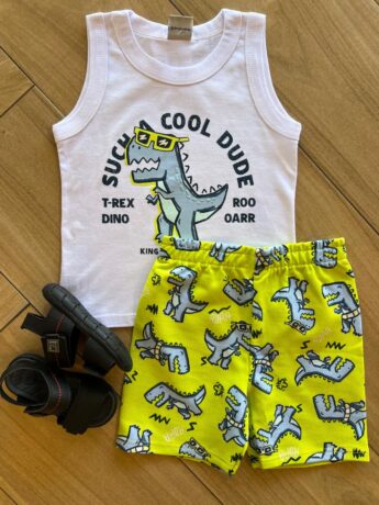 Conjunto Infantil Masculino Regata T Rex Dino e Bermuda Estampada Fernanda Ramos Kids