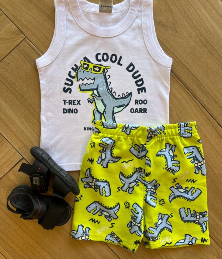 Conjunto Infantil Masculino Regata T Rex Dino e Bermuda Estampada Fernanda Ramos Kids