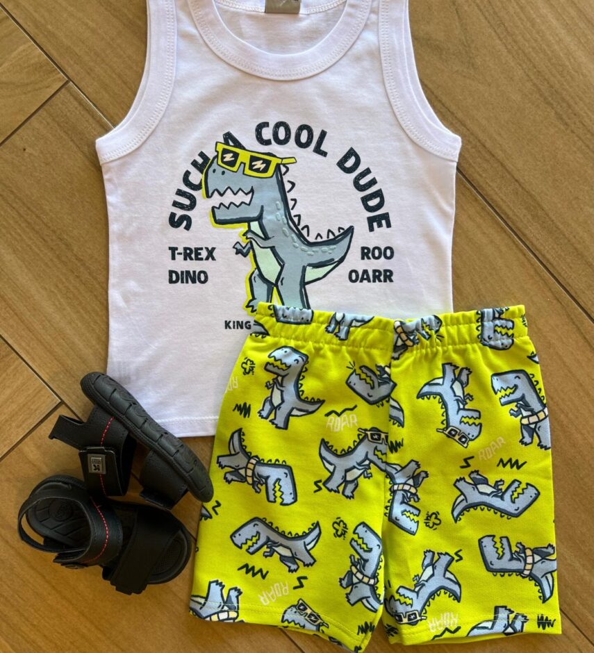 Conjunto Infantil Masculino Regata T Rex Dino e Bermuda Estampada Fernanda Ramos Kids