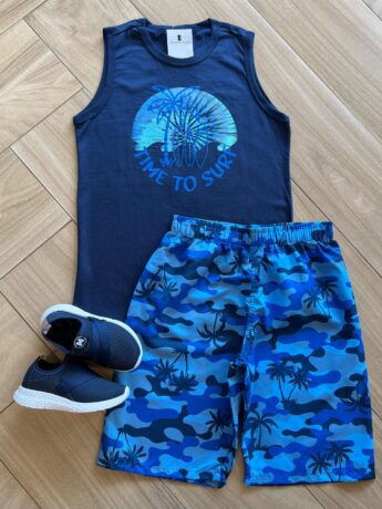 Conjunto Infantil Masculino Regata Time To Surf e Bermuda Estampada Fernanda Ramos Kids