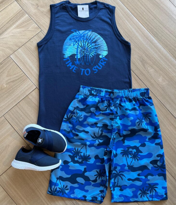 Conjunto Infantil Masculino Regata Time To Surf e Bermuda Estampada Fernanda Ramos Kids
