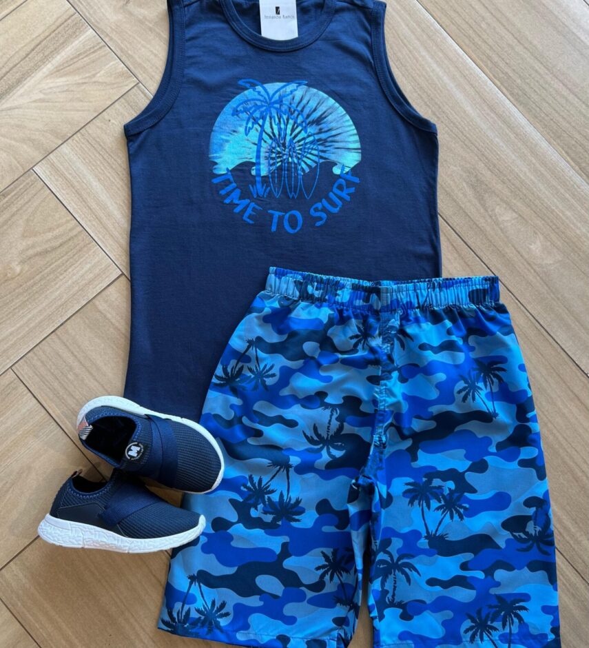 Conjunto Infantil Masculino Regata Time To Surf e Bermuda Estampada Fernanda Ramos Kids