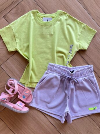 Conjunto Juvenil Feminino Blusa You're Fancy Verde e Short Lilás Fernanda Ramos Kids