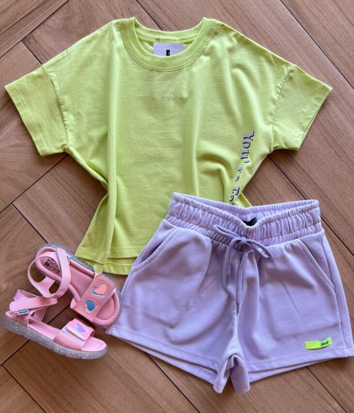 Conjunto Juvenil Feminino Blusa You're Fancy Verde e Short Lilás Fernanda Ramos Kids