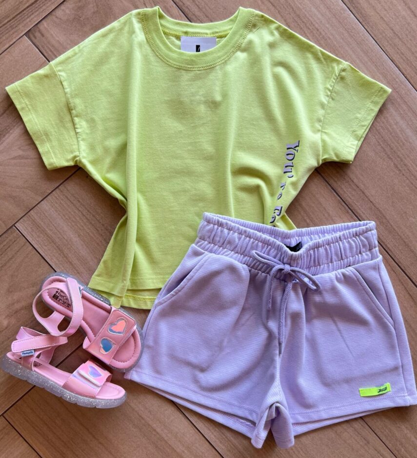 Conjunto Juvenil Feminino Blusa You're Fancy Verde e Short Lilás Fernanda Ramos Kids