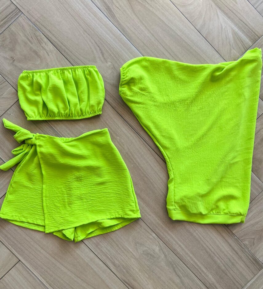 Conjunto Juvenil Feminino Kimono Top e Short Saia Verde Lima Fernanda Ramos Kids