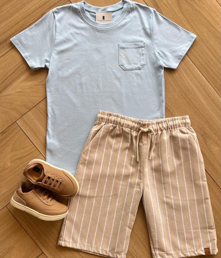 Conjunto Masculino Camiseta Azul Bebê e Bermuda Listrada Fernanda Ramos Kids