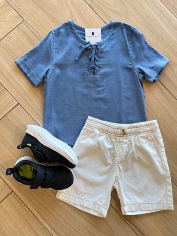 Conjunto Masculino Camiseta Azul e Bermuda com Botão Fake Fernanda Ramos Kids