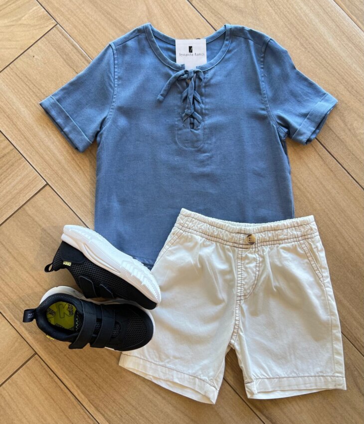 Conjunto Masculino Camiseta Azul e Bermuda com Botão Fake Fernanda Ramos Kids